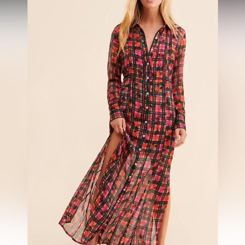 Free People Jerra Shirt Dress Semi Sheer Plaid Button Down Maxi Dress Women’s S